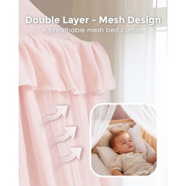 Bed Canopy with Star Lights, Double Layer Canopy for Bed, Princess Play Tent for Girls Room, Breathable Canopy Bed Curtain for Children Reading Nook, Machine Washable Canopy, 25.6''x106'', Pink