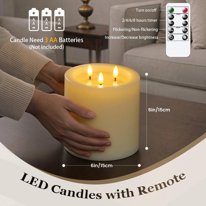 Yeelida 3-Wick 6"x6" Extra Large Real Wax Flameless Pillar Candles