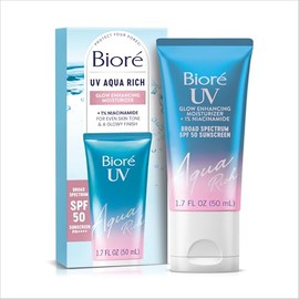 Bioré Hidratante UV Aqua Rich Glow Enhancing con SPF, hidratante diario con SPF 50, protector solar facial de niacinamida al 1%, 1.7 onzas