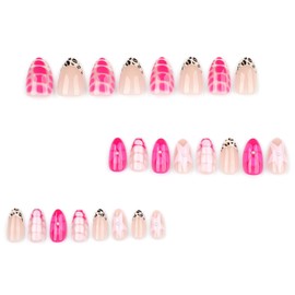 24Pcs Medium Almond Press on Nails French Tip Fake Nails Leopard Print on Nail with Flower Pearl Designs Pink Flower False Nails Reusable Full Cover Acrylic Nail for Women Girls Manicure