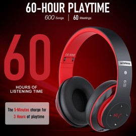 Bluetooth Headphones Over Ear, 6 EQ Modes Wireless Headphones Over Ear, 60 Hours Playtime Foldable Lightweight Wireless Headphones, with Built-in HD Mic, Black Red