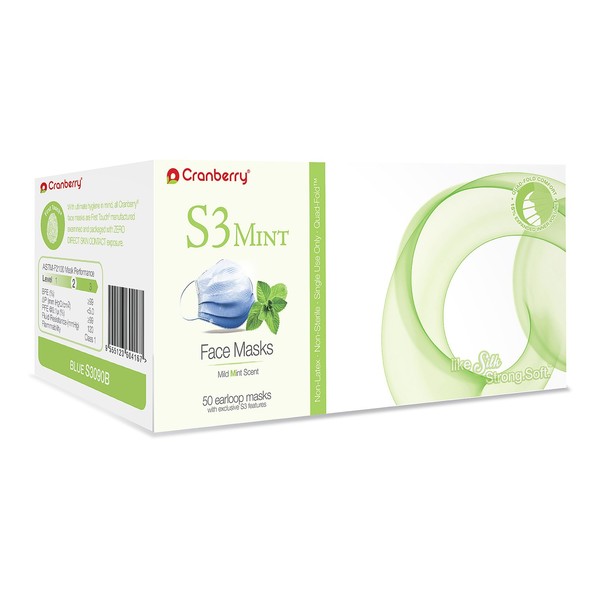Cranberry S3090Bcase S3 Mint Earloop Face Mask, Blue (Pack of