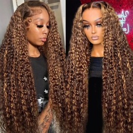 5X5 HD Lace Closure Wigs Human Hair Deep Wave Lace Front Wigs Human Hair Ombre Honey Blond Glueless Wigs Human Hair Pre Cut Wear and Go Glueless Lace Closure Wig for Women P4/27 Color 24 Inch