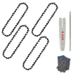 4 Pcs Mini Chainsaw Chain 6 Inch Replacement Chains for Portable Mini Chainsaw, Fits All 6" Mini Chainsaws - Includes Chainsaw Guide Bar, Chain Sharpener File, Gloves