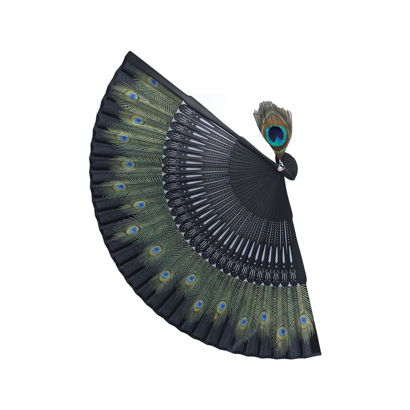 Folding Fan Black Bones Beautiful Peacock Pattern Antique Bamboo Hand