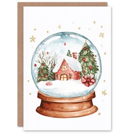 Artery8 Winter Cabin Decorated Trees Snow Globe Blank For Him Or Her Art Xmas Festive Christmas Card