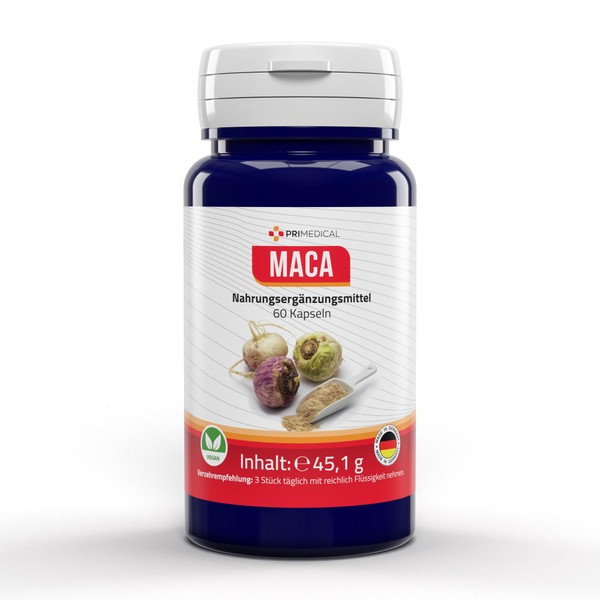 primedical Maca Capsules Vegan, 1950 mg Maca Powder per Daily Dose, Lactose Free, Gluten-Free, Produced in Germany, 1 x 60 Capsules