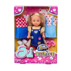 SIMBA Evi Love Fashion, Toy Doll Wearing a Cute Denim Dress, Includes Two Other Outfits, with Cute Prints and Trainers, 12 cm, from 3 Years