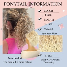 Detean 10 inch Ponytail Extension Drawstring Ponytail for Black Women Short Wavy Curly Ponytails Fluffy Natural Looking Pony Tails Hair Extensions Synthetic Hairpiece (27/613#)