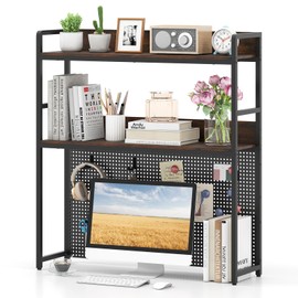 Tangkula Desktop Bookshelf, Multipurpose 2-Tier Desk Hutch with Pegboard, Industrial Countertop Storage Organizer Rack for up to 32" Computer Monitor, Hutch for Dorm Home Office (Rustic Brown)