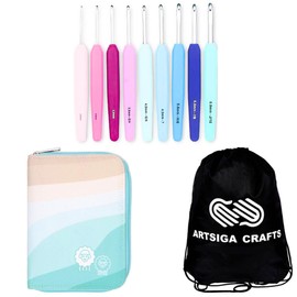 KnitPro Waves Deluxe Set 5.25 inch Crochet Hooks Size 2.0, 2.5, 3.0, 3.5, 4.0, 4.5, 5.0, 5.5, 6.0 mm, Fabric Case with Project Bag