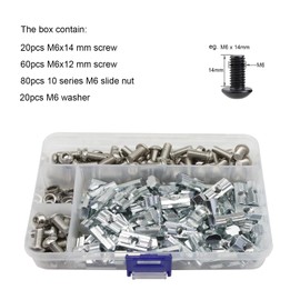 FORRCKY 180Pcs M6 T-Nuts Screws Kit for 1010 1020 Series Aluminum Extrusion Profile Bracket with 60Pcs M6x12 20Pcs M6x14 Hexagon Socket Bolts, 20Pcs Washers, 80Pcs 10 Series M6 T Sliding Nut