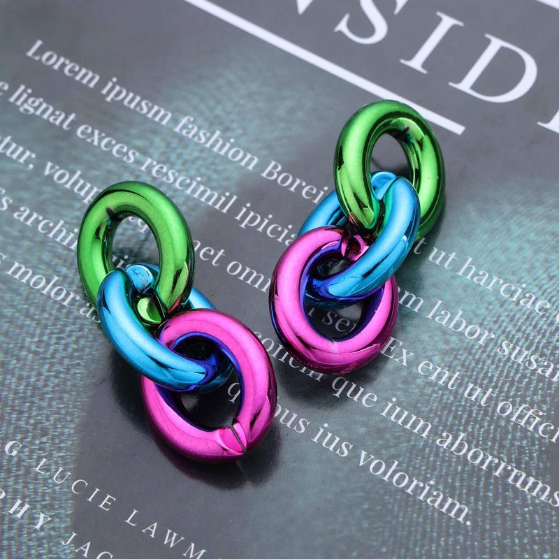 Wendalern Paper Clip Chain Earrings Geometric Oval Dangle Earrings Dopamine