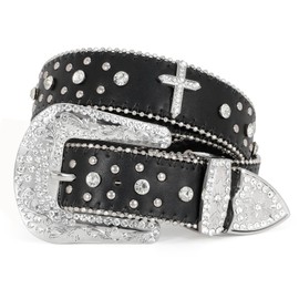 Women Rhinestone Studded Belt,JASGOOD Western Leather Belt for Men Women Vintage Bling Cowgirl Belt for Pants Dress,A-Black,Suit for Waist Size 45"-49"