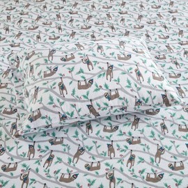 Cozy Sturdy 100% Cotton Weave Flannel Sheet Set | Sloth Animal Artful Print in Soft Subtle Hues | Durable All Season Extra Deep Pocket Aesthetic Bedding | 4 Piece King Size Pretty Brown & White Shade