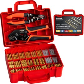 PEBA Open Barrel Crimping Tool Kit - 20 Sizes Spade Connectors Open Terminals & AWG 24-14 Ratcheting Wire Crimper, 2.8/3.9/4.8/6.3mm Non-Insulated Copper Terminals for Car Audio Speaker, Auto Wiring