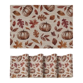 Artoid Mode Pumpkin Leaves Fall Vinyl Plastic Placemats Set of 4, Washable Woven Non-Slip PVC Table Mats for Thanksgiving Holiday Party Kitchen Dining Decor