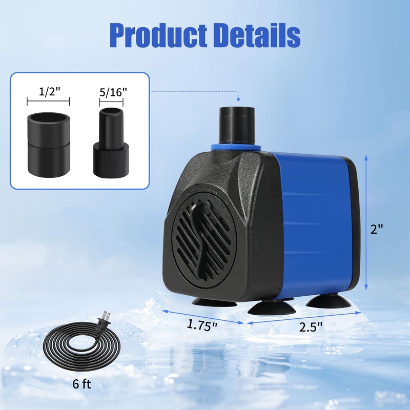AQUANEAT Small Fountain Pump, 160 GPH Submersible Water Pump for