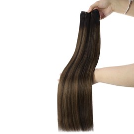 Easyouth Brown Extensions Real Hair Wefts 60 cm Ombre Real Hair Wefts for Sewing Darkest Brown Balayage Light Brown Sew-in Human Hair Extension Remy Human Hair Straight #2/8/2 100 g