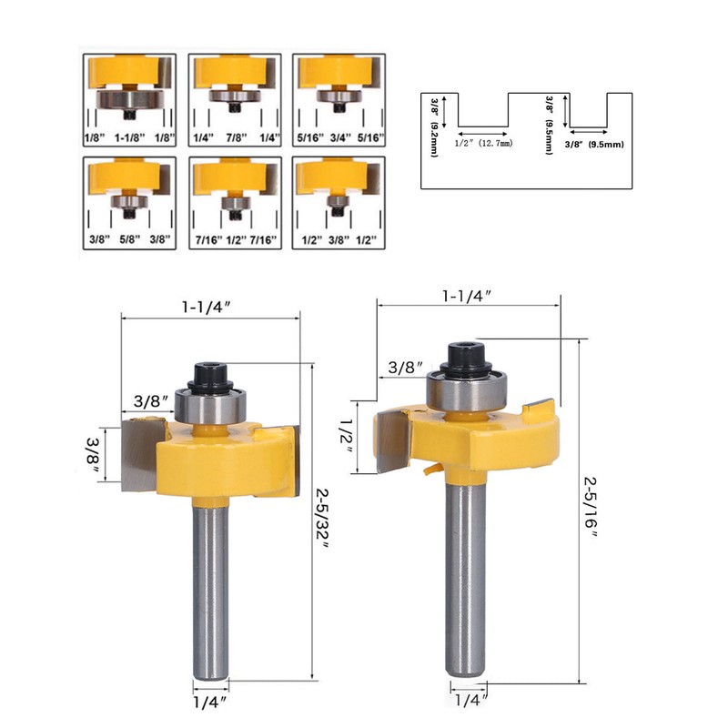 Router Bit 1/4in Shank Multi Grooved with 6Pcs Bearing 1/8in