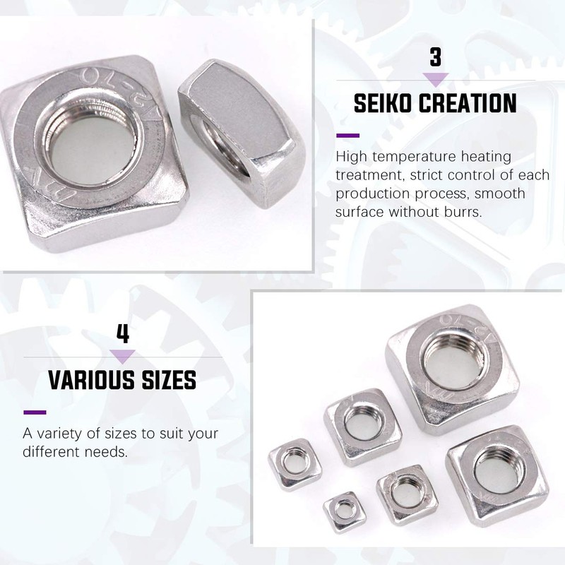 Swpeet 220Pcs 304 Stainless Steel 6 Sizes Metric Square Nuts