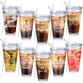 Patelai 10 Set Employee Appreciation Gift Bulk 20 oz Glass Tumbler with Lid and Straw for Colleagues Teachers Nurse Graduation Season Gifts Customer Appreciation Retirement Present(Thank You)