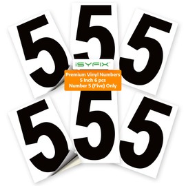 iSYFIX Black Vinyl Number 5 (Five) Stickers - 6 Pack 5 inch - Premium Decal, White Background, Pre-Spaced for Mailbox, Signs, Window, Door, Cars, Trucks, Home, Business, Address, Indoor & Outdoor