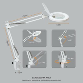Bemelux 12W LED Magnifying Lamp with Clamp, 10 Levels of Brightness, 6500K, 1200 Lumens with 127mm 5D Lens for Reading, Sewing, Nail,Crafting(White)