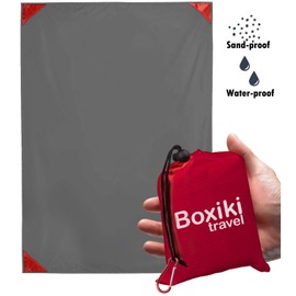 Boxiki Travel Compact Waterproof Pocket Beach Blanket Portable Lightweight Folding Tarp with Red Travel Case. Outdoor Picnic Camping Blanket with Easy Attachment Clip Accessory.