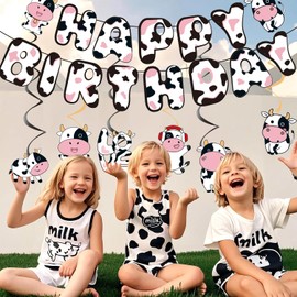 Zorpex Cow Birthday Decorations, Cute Animal Themed Happy Birthday Banner, Boy Girl Funny Party Supplies with Banner and Hanging Swirl