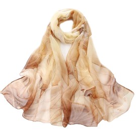 Fukufuku Women's Floral Chiffon Beach Scarf, Scarf, Large, Thin, Spring, Summer, Autumn, UV Protection & Cooling Protection, Sunscreen, Seaside, Lotus Print, Khaki