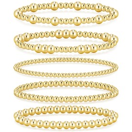 Gold Beaded Bracelet for Women, 14K Gold Plated Strand Stretch Bracelet Stack, Elastic Bead Bracelet Set