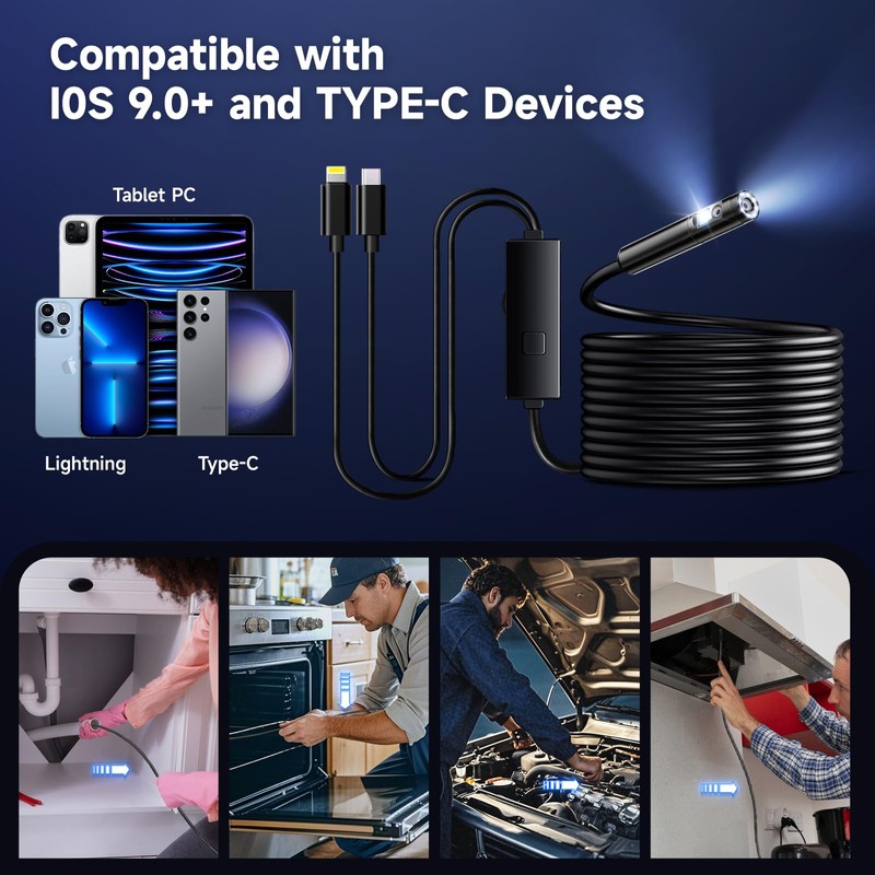[Dual-Lens] Endoscope Camera with Light, 1920P HD Borescope with 8+1