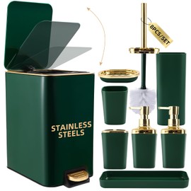 XLHOMO Bathroom Set Bathroom Accessories Set 8 Piece Green and Gold Bathroom Set, Bathroom Sets with Stainless Steel Trash Can,Toilet Brush,Toothbrush Set,Soap Dispenser