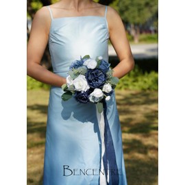 BENCENTRE 7 Inch Navy Blue Wedding Bouquet for Bride Bridesmaid,Small Wedding Bouquet, for Beach Wedding,Marriage Proposal Party and Vintage Wedding Ceremony Anniversary,Artificial Flowers