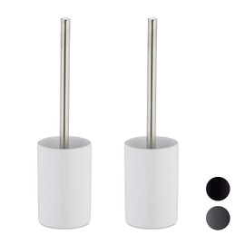 Relaxdays Set of 2 Ceramic Toilet Brush Holder with Toilet Brush, Interchangeable Brush Head, Freestanding, 36 cm, White