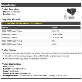 Marketplace Auto Parts, Exhaust Manifold with Gaskets, Flanges, Studs and Nuts - Compatible with 1985-1995 Toyota Pickup