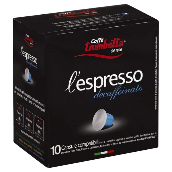 Trombetta Nespresso Italian Coffee - 10 Capsules “L’Espresso Deccaffeinato” Instant Decaf Espresso Coffee - Compatible Nespresso Espresso Coffee Pods