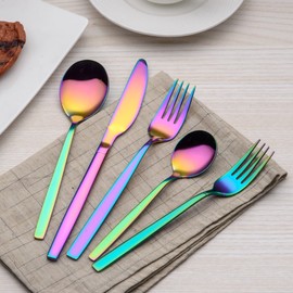Berglander Rainbow Silverware Set 20 Pieces Service for 4, Colorful Titanium Plating Stainless Steel Flatware Sets, First Apartment Must Have Cutlery Utensils Set, Dishwasher Safe