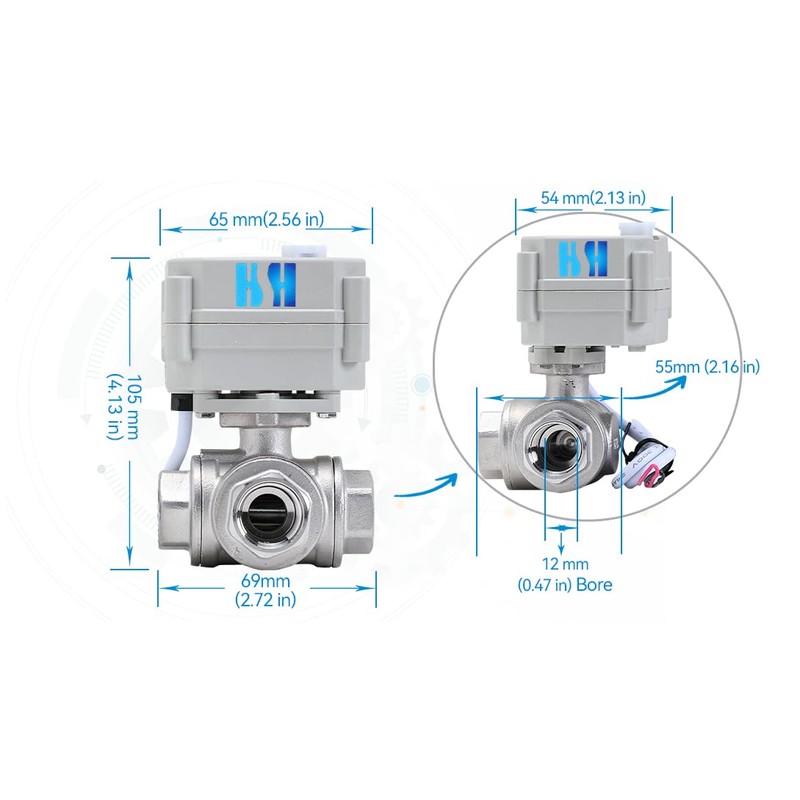 HSH-Flo 3 Way 1/2" DN15 12V/24V AC/DC L Port Auto