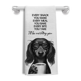 EKGJW Funny Dachshund Watching You Kitchen Hand Towel - Humorous Dog with Coffee Cup Tea Towel, Dog Lover Gifts, Cute Kitchen Decor, Pet Owner Housewarming Gift, 16x24 Inch