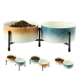 32 oz Ceramic Dog Cat Bowl Set of 2 with Elevated Metal Stand - 6 Inch Ceramic Round Pet Food and Water Feeder Bowl Dish Set for Cats & Dogs - Gradient Blue & Brown