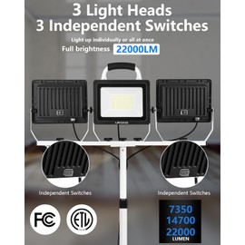 UFOND 22000 Lumen LED Work Light with Stand,3 Head Portable Work Lights with Individual Switch,Waterproof Work Lamp, Adjustable Metal Telescoping Tripod with Power Cord