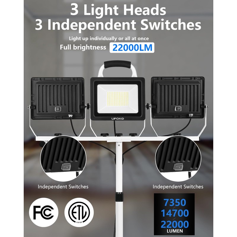 UFOND 22000 Lumen LED Work Light with Stand,3 Head Portable