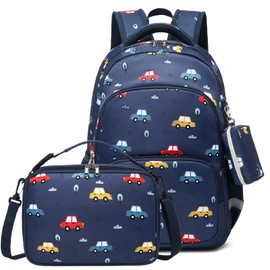 mygreen 3PCS Kids Backpack Set - Waterproof Bookbag with Lunch Box for Boys Ages 3-12, Adorable Cartoon Prints for School & Outdoor Use Dark Blue Cars