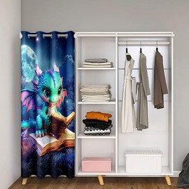 Cartoon Dragon Door Curtain Magic Jungle Night Darkening Blackout Curtain Cute Dragon Books Doorway Curtain for Kids Teens Adults Starry Moon Sky Door Drape 34" W X 80" L