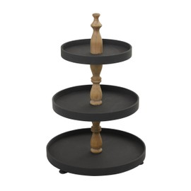 Deco 79 Wood 3 Level Tiered Server with Wood Post, 16" x 16" x 24", Black