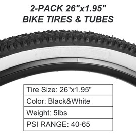 RUHUO 2-Pack 26 x 1.95 Bike Tires & Tubes, 26 Inch Mountain Bike Tires Set, Folding Replacement Bicycle Tires with Tire Levers for Off-Road Bike (Black & White)