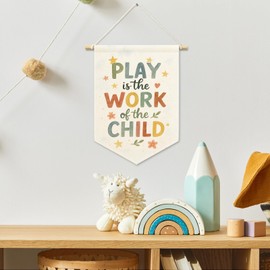 MNASAIOO Playroom Kids Room Decor, Nursery Play Is The Work of The Child Banner Canvas, Colorful Classroom Wall Hanging Frame Decor Art Pennant Flag for Toddler Girly Boys Room Preschool Dorm 11x15in