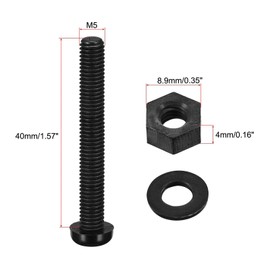 TOP-VIGOR 20Pcs M5x40mm Nylon Screw Nut Washer Assortment Kit, Round Head Machine Screw Bolt Nuts Flat Washers for Fixing Component, Industrial and Construction Fasteners, Black